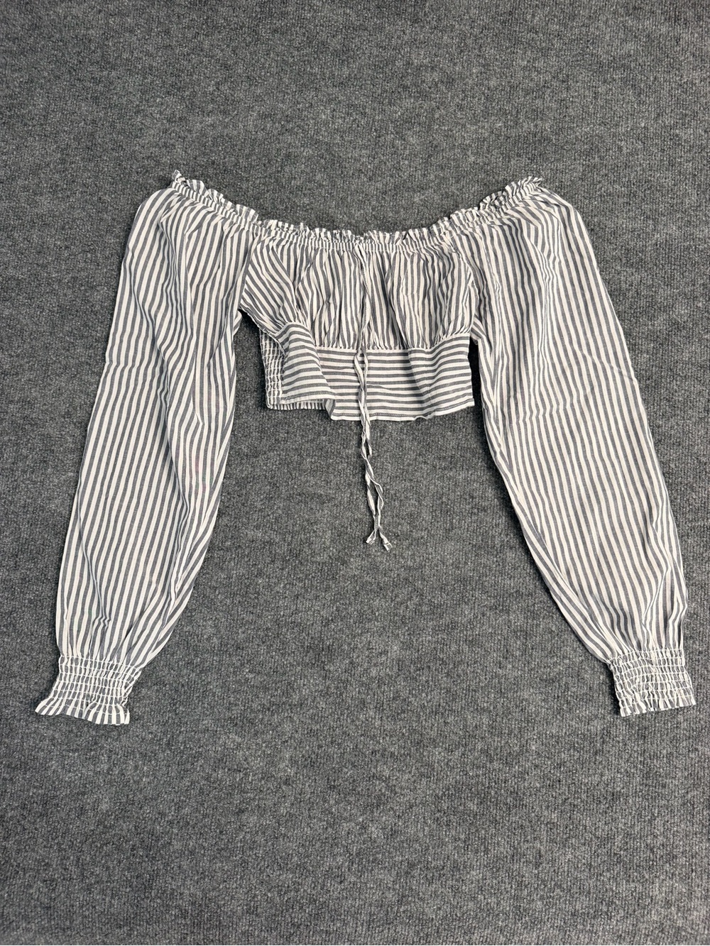 aerie Blue and White Striped Off-Shoulder Crop Top